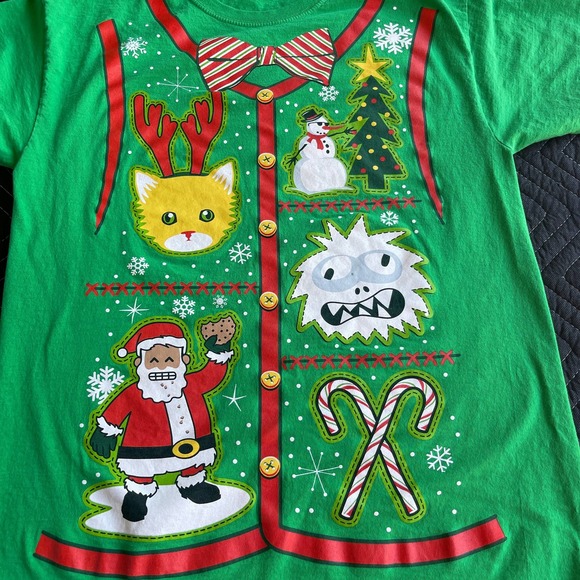 Christmas Shirt Adult Large Green Faux Button Up Short Sleeve Santa Ugly Sweater - Picture 3 of 9